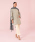 Women's Unstitched Printed Slub Cambric Off White and Navy Blue 2 Piece Suit